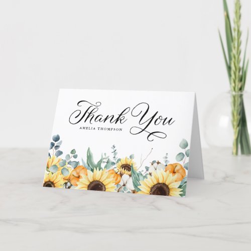 Watercolor Pumpkins and Sunflowers Wedding Thank You Card