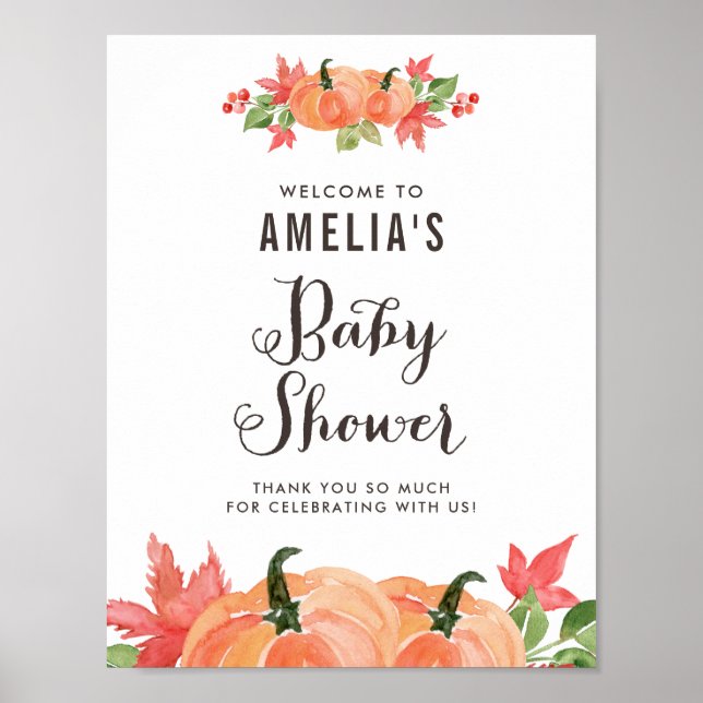 Watercolor Pumpkins Autumn Baby Shower Welcome Poster (Front)