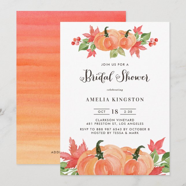 Watercolor Pumpkins Autumn Bridal Shower Invitation (Front/Back)