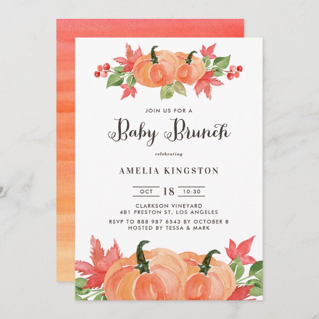 Watercolor Pumpkins Autumn Brunch for Baby Invitation (Front/Back)
