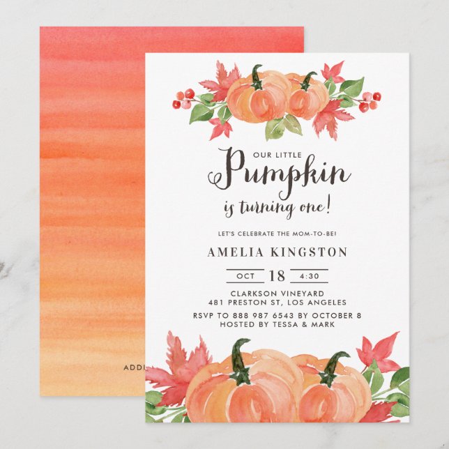 Watercolor Pumpkins | Autumn First Birthday Invitation (Front/Back)