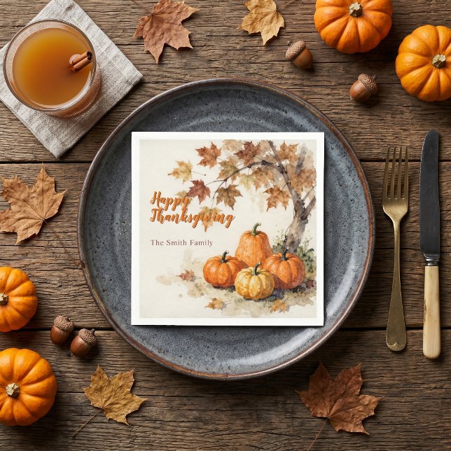 Watercolor Pumpkins Autumn Leaves Thanksgiving Napkins (Creator Uploaded)