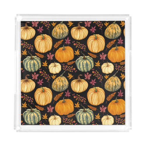 Watercolor Pumpkins Autumn Seamless Pattern Acrylic Tray