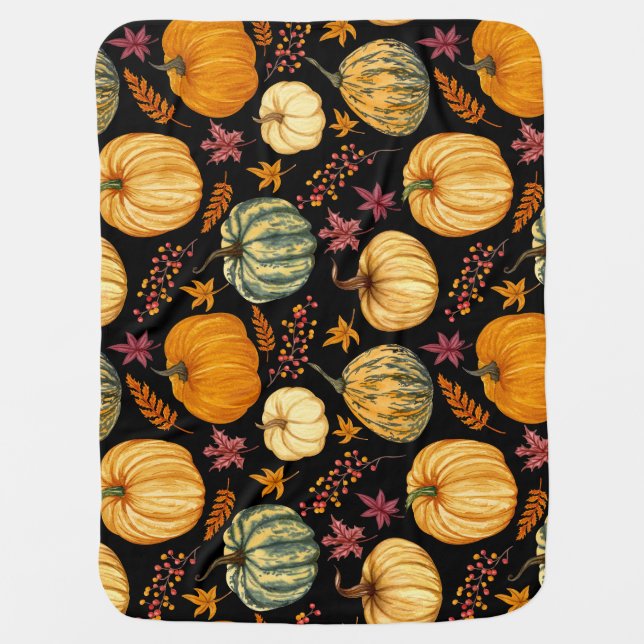 Watercolor Pumpkins: Autumn Seamless Pattern. Baby Blanket (Front)