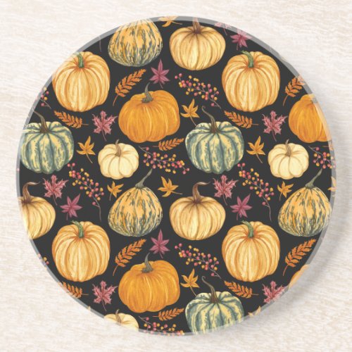 Watercolor Pumpkins Autumn Seamless Pattern Coaster