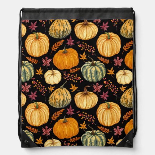 Watercolor Pumpkins Autumn Seamless Pattern Drawstring Bag