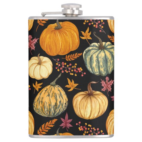 Watercolor Pumpkins Autumn Seamless Pattern Flask