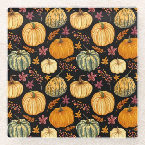 Watercolor Pumpkins Autumn Seamless Pattern Glass Coaster