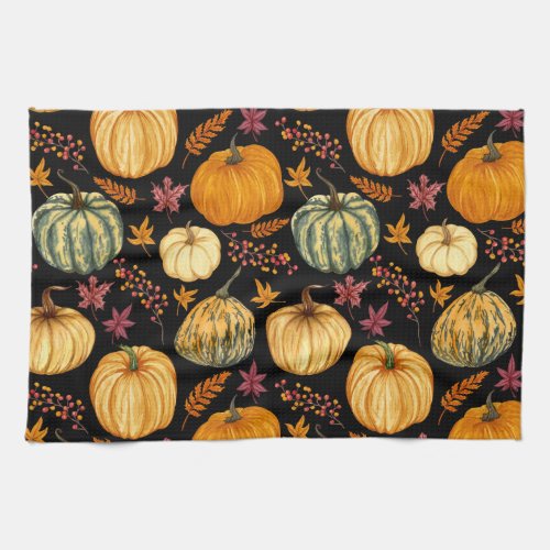 Watercolor Pumpkins Autumn Seamless Pattern Kitchen Towel