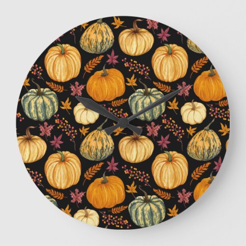 Watercolor Pumpkins Autumn Seamless Pattern Large Clock