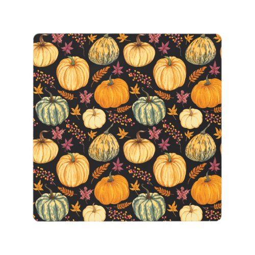 Watercolor Pumpkins Autumn Seamless Pattern Metal Print