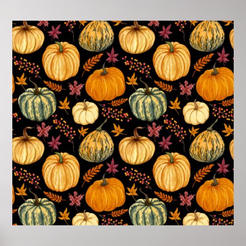 Watercolor Pumpkins Autumn Seamless Pattern Poster