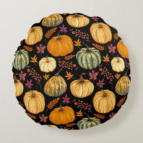 Watercolor Pumpkins Autumn Seamless Pattern Round Pillow