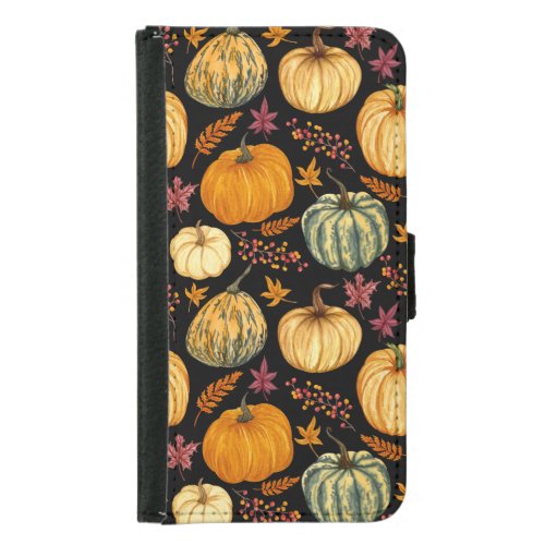 Watercolor Pumpkins Autumn Seamless Pattern Samsung Galaxy S5 Wallet Case
