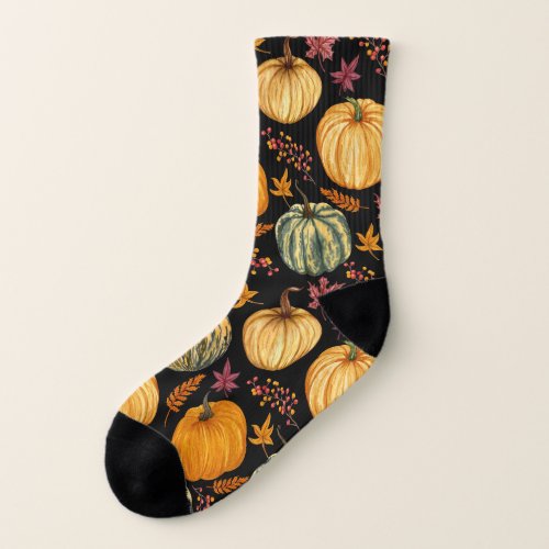Watercolor Pumpkins Autumn Seamless Pattern Socks