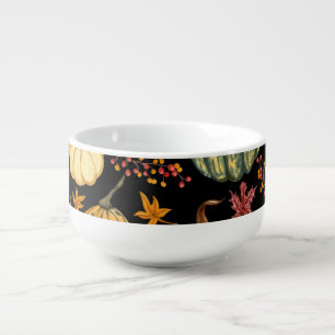 Watercolor Pumpkins: Autumn Seamless Pattern. Soup Mug