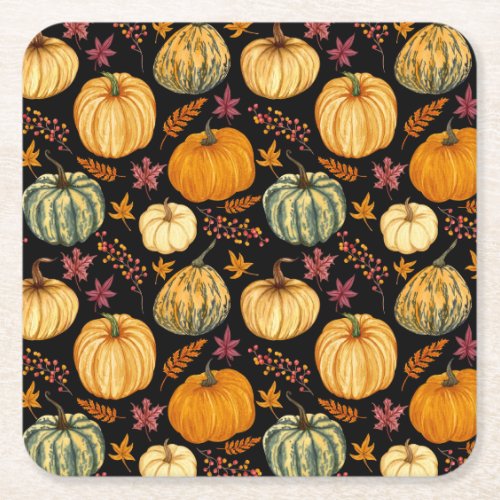 Watercolor Pumpkins Autumn Seamless Pattern Square Paper Coaster