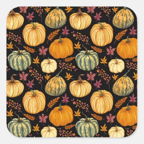Watercolor Pumpkins Autumn Seamless Pattern Square Sticker