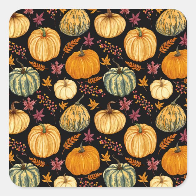Watercolor Pumpkins: Autumn Seamless Pattern. Square Sticker (Front)