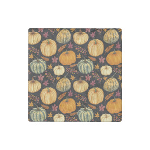 Watercolor Pumpkins: Autumn Seamless Pattern. Stone Magnet