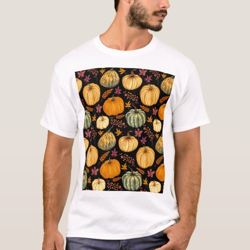 Watercolor Pumpkins Autumn Seamless Pattern T_Shirt