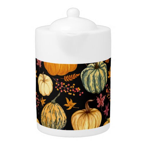 Watercolor Pumpkins Autumn Seamless Pattern Teapot