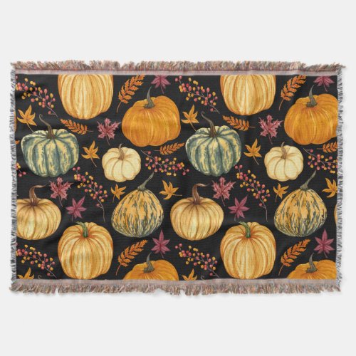 Watercolor Pumpkins Autumn Seamless Pattern Throw Blanket