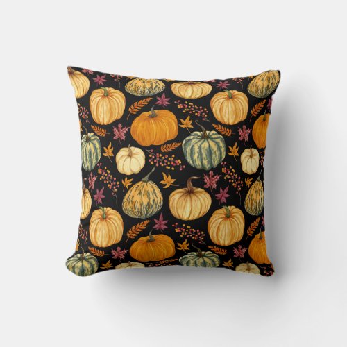 Watercolor Pumpkins Autumn Seamless Pattern Throw Pillow