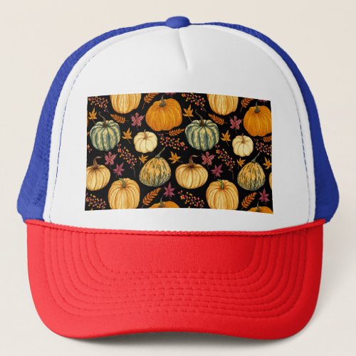 Watercolor Pumpkins Autumn Seamless Pattern Trucker Hat