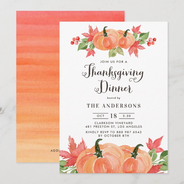Watercolor Pumpkins Autumn Thanksgiving Dinner Invitation (Front/Back)