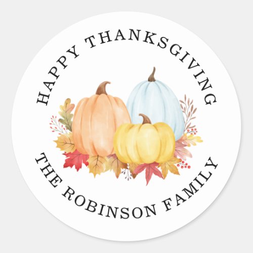 Watercolor Pumpkins Custom Name Happy Thanksgiving Classic Round Sticker