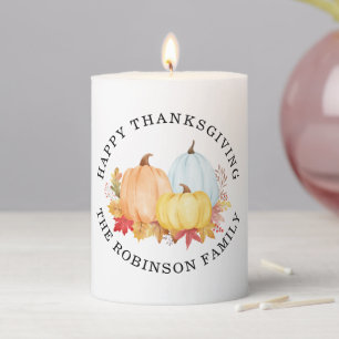 Watercolor Pumpkins Custom Name Happy Thanksgiving Pillar Candle