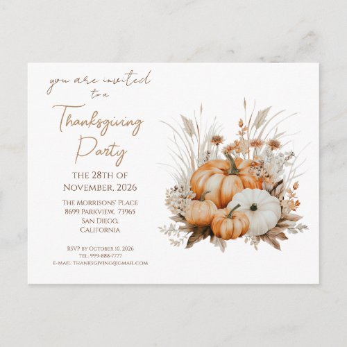Watercolor Pumpkins Dry Grass Happy Thanksgiving Invitation Postcard