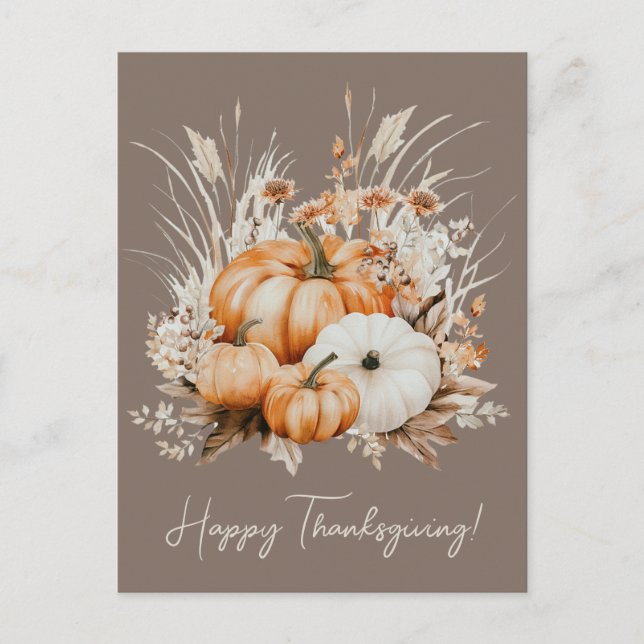 Watercolor Pumpkins Dry Grass Happy Thanksgiving  Postcard (Front)