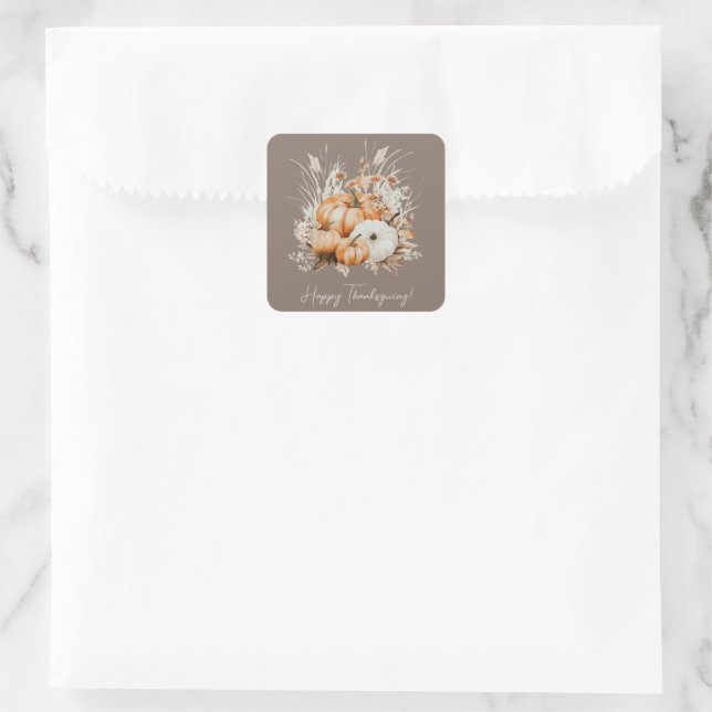 Watercolor Pumpkins Dry Grass Happy Thanksgiving  Square Sticker (Bag)