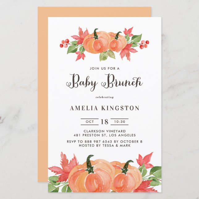 Watercolor Pumpkins Fall Baby Brunch Invitatation (Front/Back)