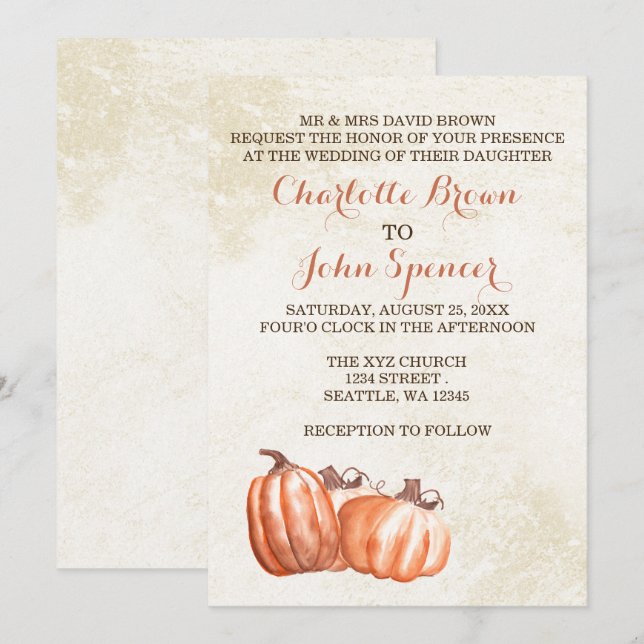 watercolor pumpkins fall harvest wedding invites (Front/Back)