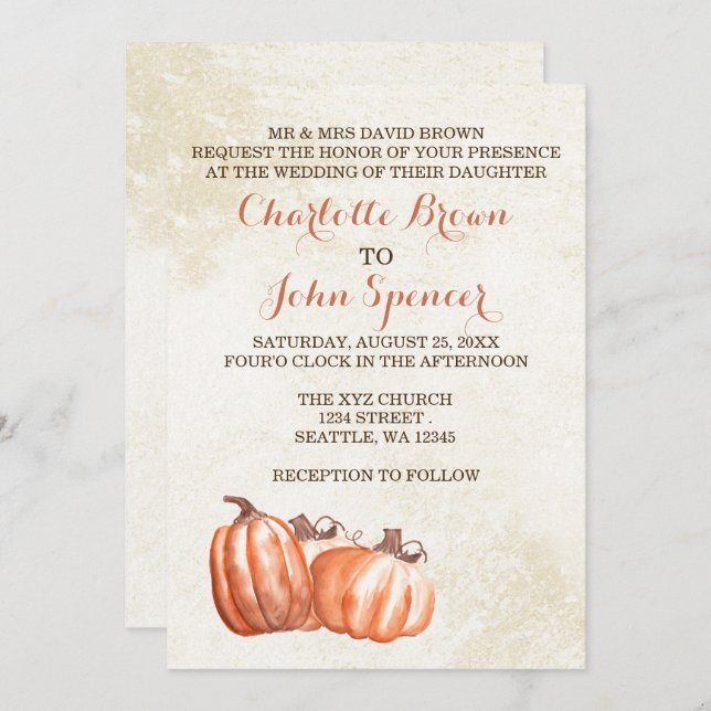 watercolor pumpkins fall harvest wedding invites (Front/Back)
