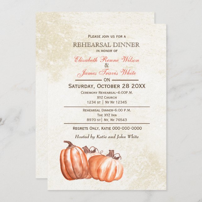 Watercolor pumpkins Fall rehearsal dinner invite (Front/Back)