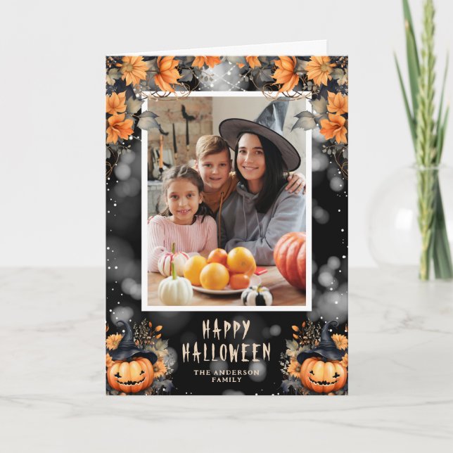 Watercolor Pumpkins Family Photo Happy Halloween Card (Front)