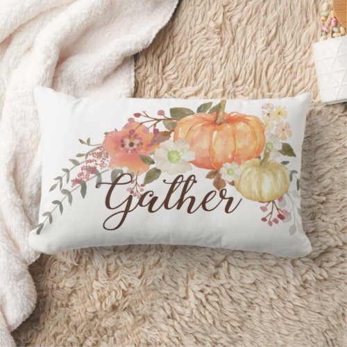 Watercolor Pumpkins Floral Family Name Gather Fall Lumbar Pillow