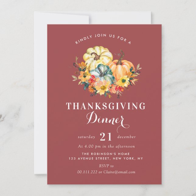 watercolor pumpkins floral thanksgiving Dinner Invitation (Front)