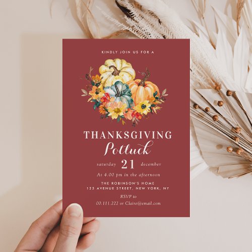 watercolor pumpkins floral thanksgiving potluck invitation