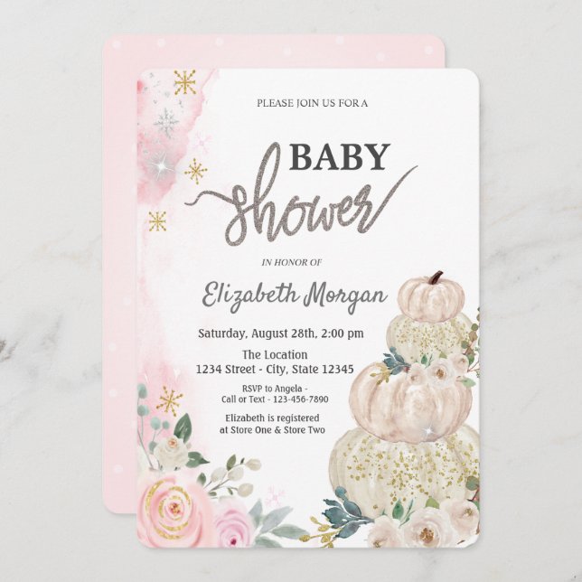 Watercolor Pumpkins Flowers Polka Dots Baby Shower Invitation (Front/Back)