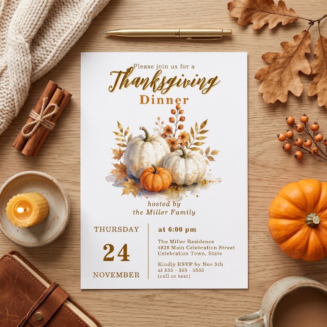 Watercolor Pumpkins Gold Leaves Fall Thanksgiving  Invitation (Creator Uploaded)