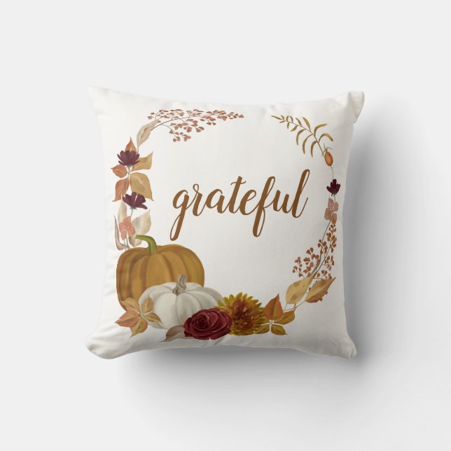 Watercolor Pumpkins Grateful Boho Thanksgiving Throw Pillow (Front)