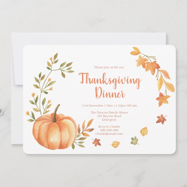 Watercolor Pumpkins Harvest Thanksgiving Dinner Invitation (Front)
