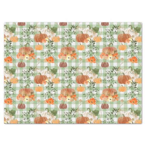 Watercolor Pumpkins on Green Gingham Decoupage Tissue Paper