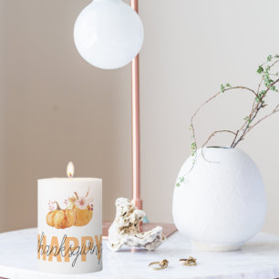Watercolor Pumpkins & Orange Happy Thanksgiving Pillar Candle
