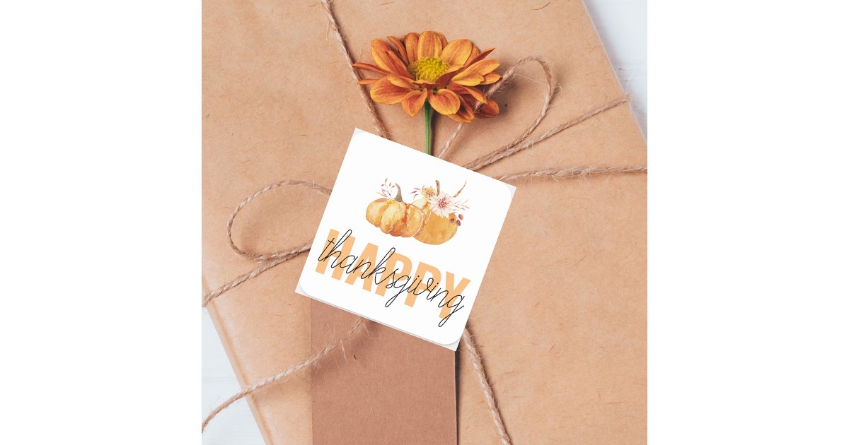 Watercolor Pumpkins & Orange Happy Thanksgiving Square Sticker | Zazzle
